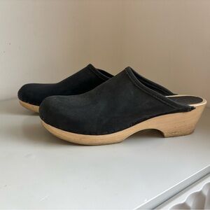 No. 6 Black Suede Clogs with Tan Wooden Sole